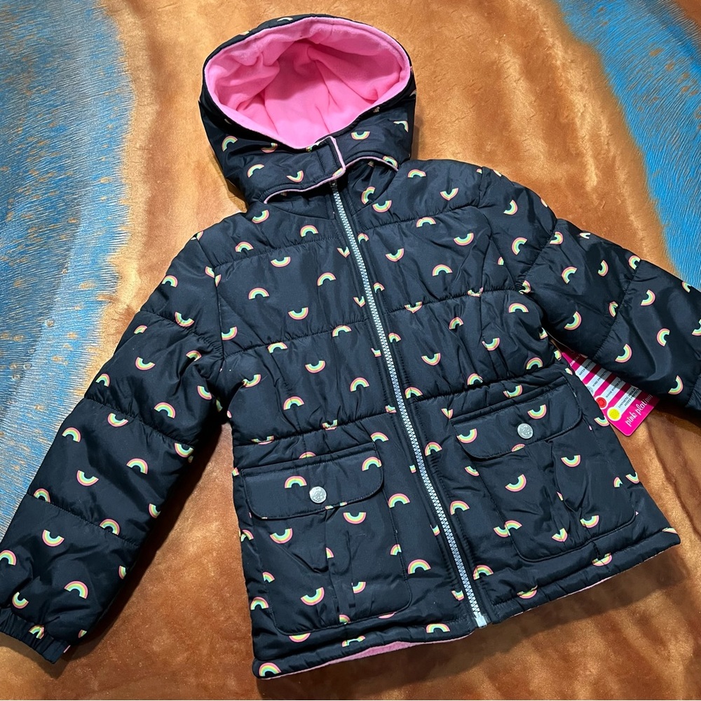 NWT Pink Platinum Rainbow Hooded Print Winter Coat black multicolor size 14/16